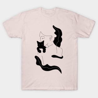 Girl with Black Cat and Plants / Line Art T-Shirt